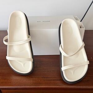 St. Agni Cream Double-Strap Slide Sandals with Black Sole